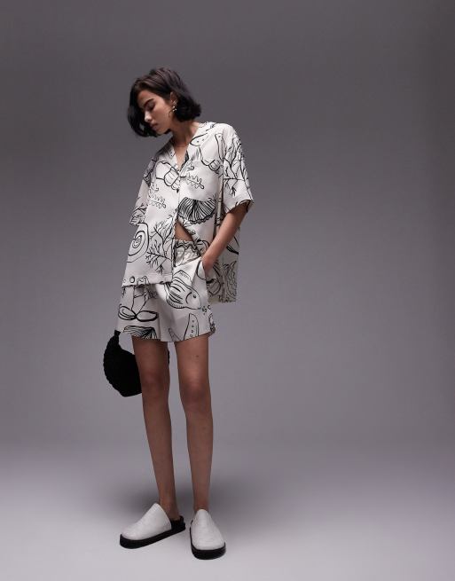 Topshop satin printed shell shorts in ecru - part of a set