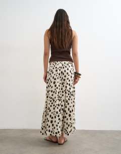 Model wearing Satin pull on A-line wide leg trouser in abstract animal