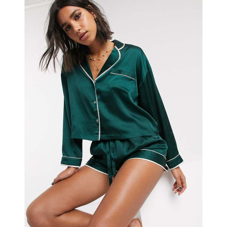 Green satin pyjama set shop