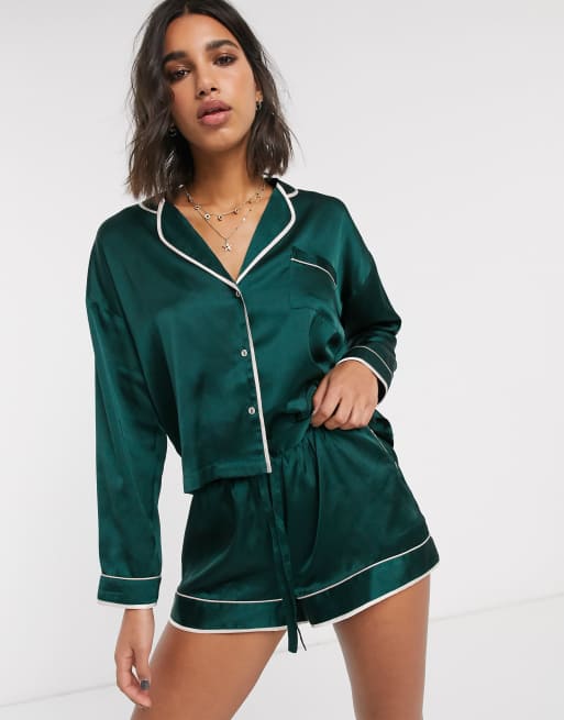 Topshop satin pyjama set in forest green