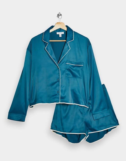Topshop satin pyjama short set in teal, 3 of 3