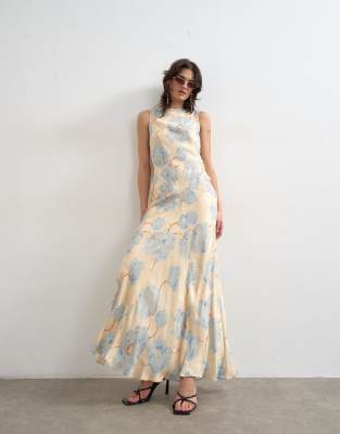 Satin racer neck maxi dress in blue floral jacquard