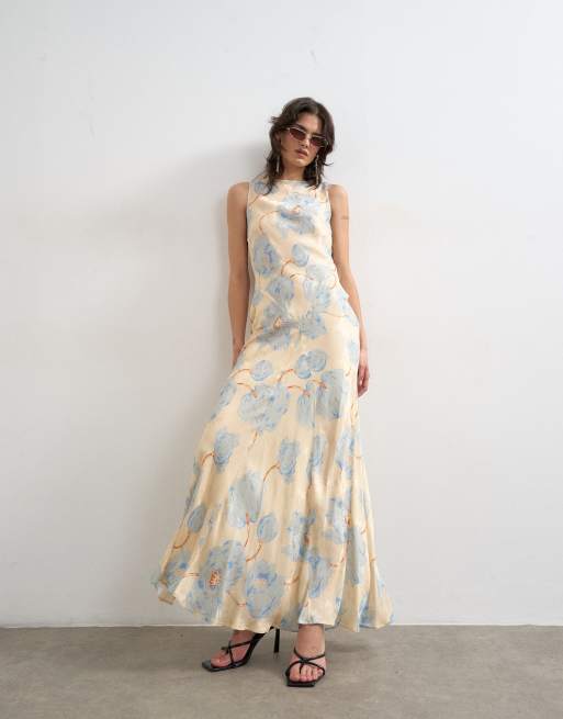 Topshop satin racer neck maxi dress in blue floral jacquard | ASOS