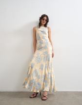 Topshop satin racer neck midi dress in blue floral jacquard