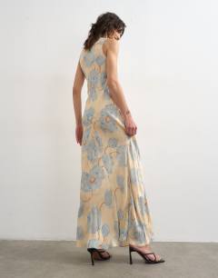 Model wearing Satin racer neck midi dress in blue floral jacquard