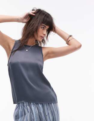 Topshop Satin Raw-edge Racer Cami Top In Charcoal - Part Of A Set-gray In Gray
