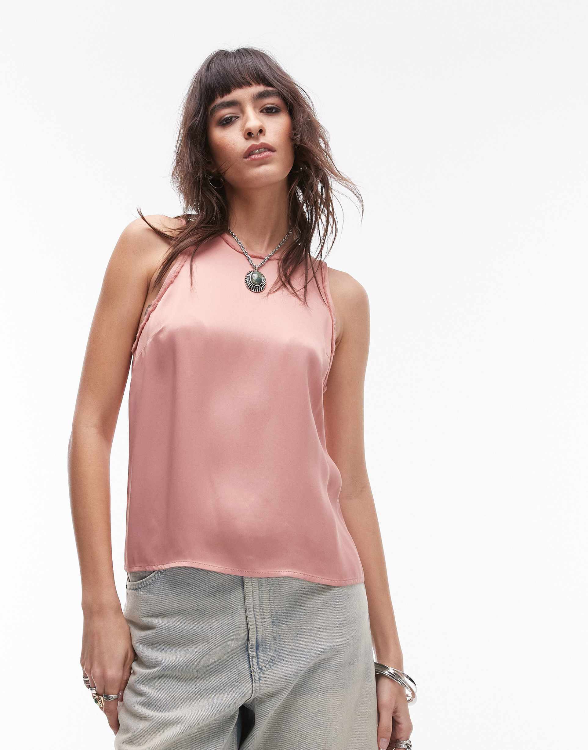 topshop satin raw-edge racer cami top in pink - part of a set