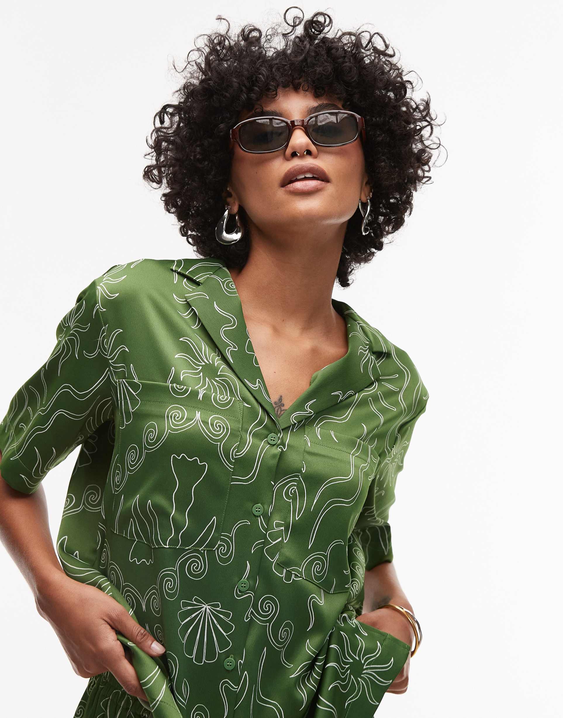 topshop satin resort shirt in green palm print - part of a set