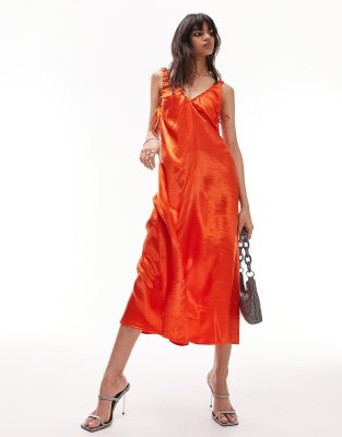 Topshop Satin Ruched Midi Dress In Red ModeSens