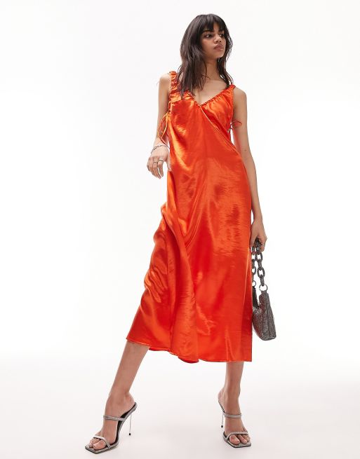 Satin ruched outlet midi dress