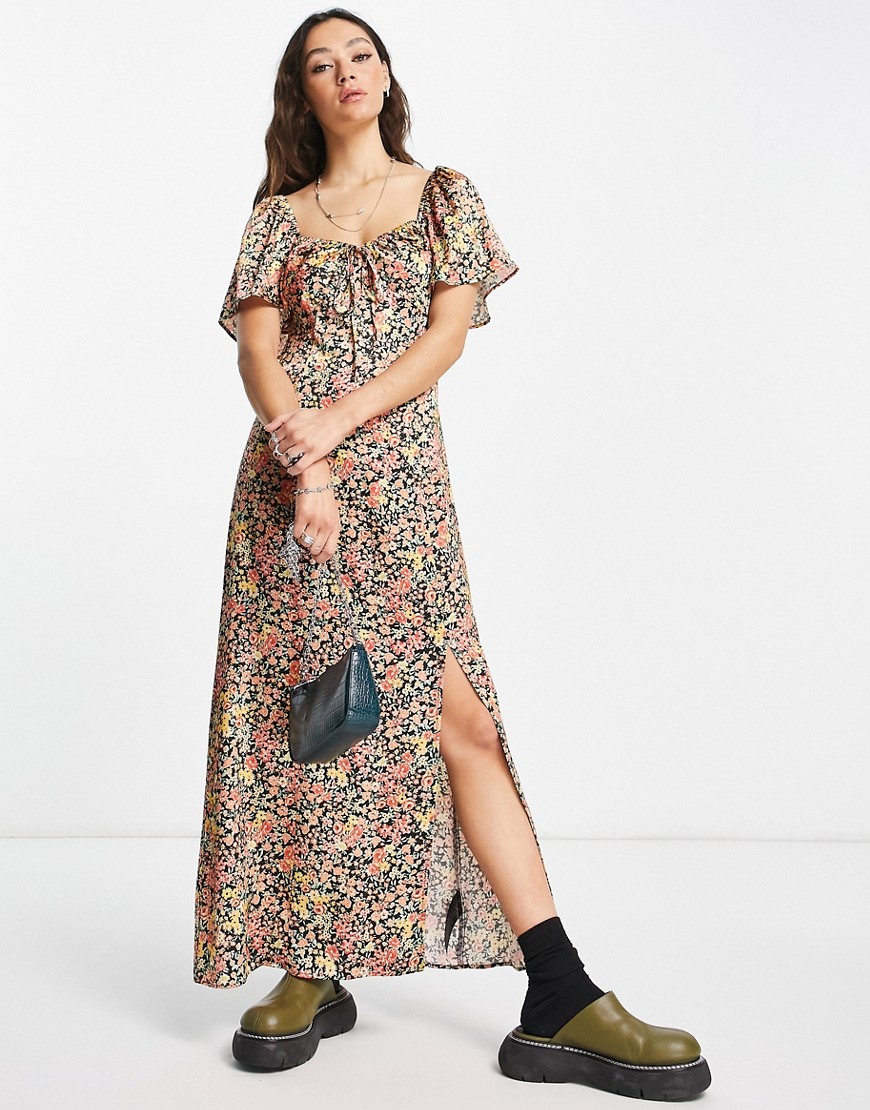 Topshop satin ruched sweatheart midi dress in ditsy floral-Multi