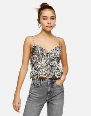 Topshop satin ruffle detail blouse in natural leopard-Brown