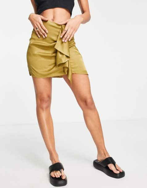 Topshop satin ruffle micro mini skirt in olive green - view 1