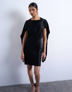 Model wearing Satin scarf neck mini dress in black