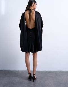 Model wearing Satin scarf neck mini dress in black