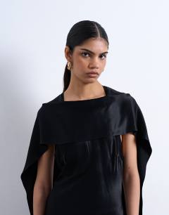 Model wearing Satin scarf neck mini dress in black