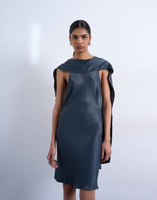 Topshop satin scarf neck mini dress in navy, 2 of 4