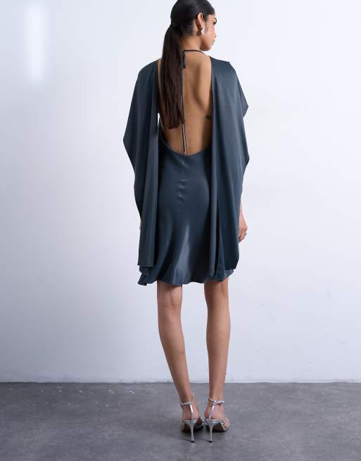 Topshop satin scarf neck mini dress in navy, 3 of 4