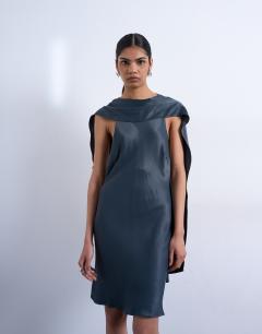 Model wearing Satin scarf neck mini dress in petrol navy