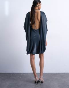 Model wearing Satin scarf neck mini dress in petrol navy