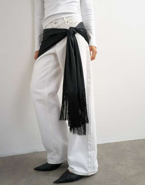 Topshop satin scarf with fringing in black - view 1