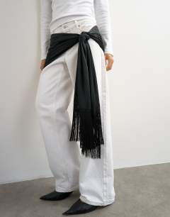 Model wearing Satin scarf with fringing in black