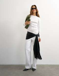Model wearing Satin scarf with fringing in black