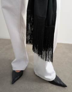 Model wearing Satin scarf with fringing in black