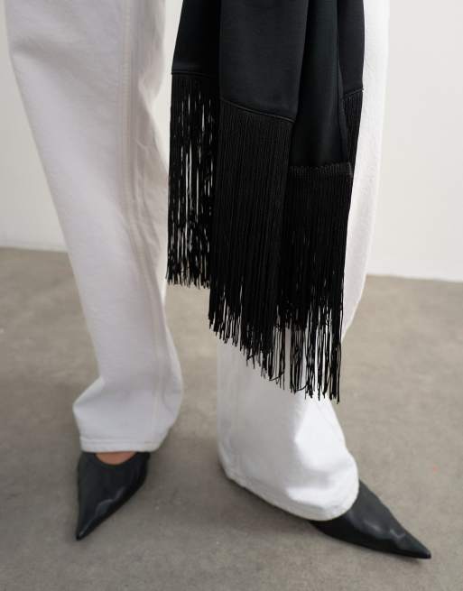 Topshop satin scarf with fringing in black, 3 of 3