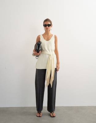 Topshop Satin Scoop Neck Cami With Fringe Detail Tie In White