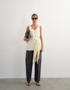 Satin scoop neck cami with fringe detail tie in ivory