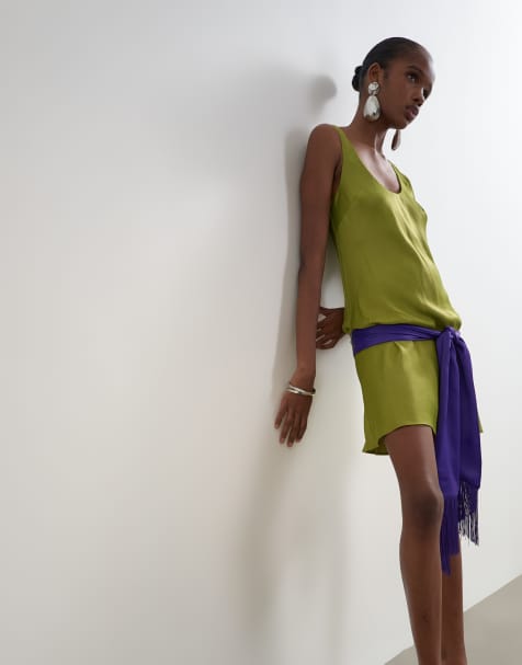 Topshop satin scoop neck dropped waist mini dress with fringed tie in green and purple - view 1