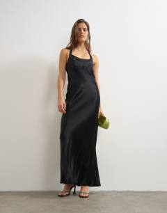 Model wearing Satin scoop neck maxi dress with stitch detailing in black