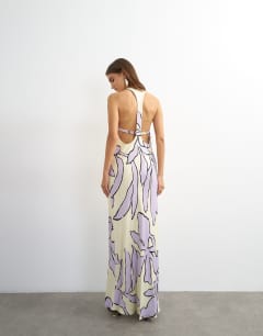 Satin scoop neck maxi dress with stitch detailing in lilac and buttermilk floral