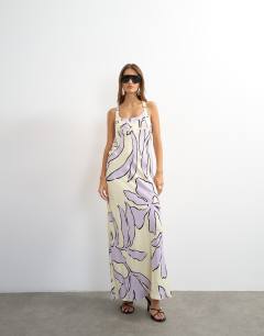 Model wearing Satin scoop neck maxi dress with stitch detailing in lilac and buttermilk floral