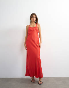 Model wearing Satin scoop neck maxi dress with stitch detailing in red