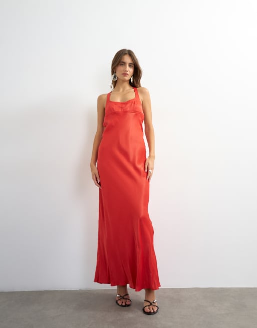 Topshop satin scoop neck maxi dress with stitch detailing in red, 2 of 4