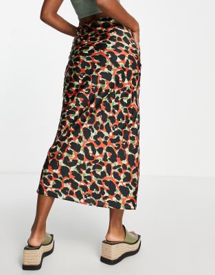 Topshop satin seamed leopard print bias maxi skirt in red