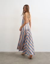 Topshop satin seamed maxi dress with piped edges in natural and blue stripe