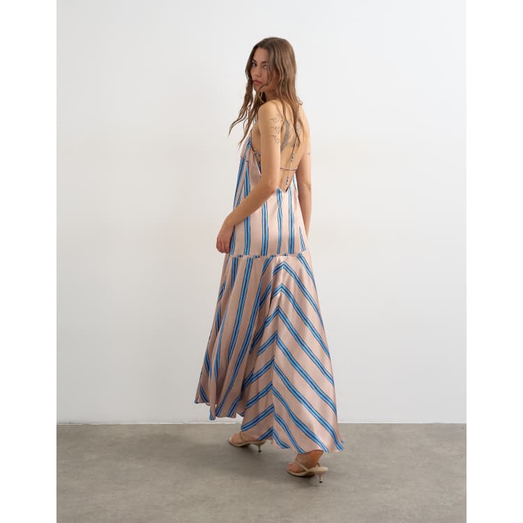 Topshop satin seamed maxi dress with piped edges in natural and blue stripes  | ASOS