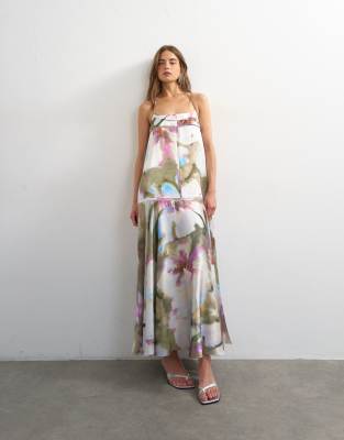 Topshop Satin Seamed Maxi Dress With Piped Edges In Multi