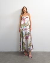 Topshop satin seamed maxi dress with piped edges in painterly floral