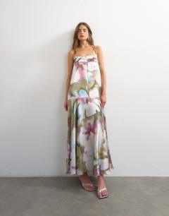Satin seamed maxi dress with piped edges in painterly floral