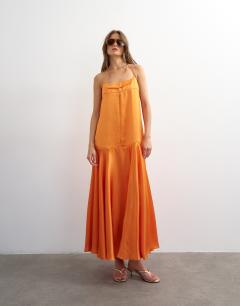 Satin seamed maxi dress with piped edges in russet orange