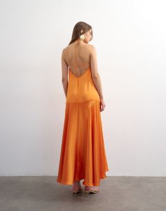 Model wearing Satin seamed maxi dress with piped edges in russet orange