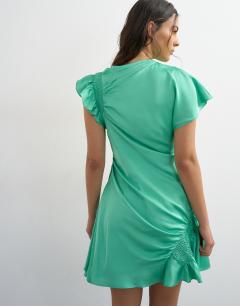 Model wearing Satin shirred detail tea dress in bright emerald green