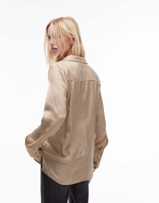Topshop satin shirt in champagne, 2 of 4