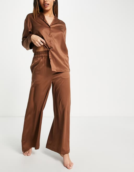 ASOS DESIGN satin bralette, pant and robe pajama set in chocolate