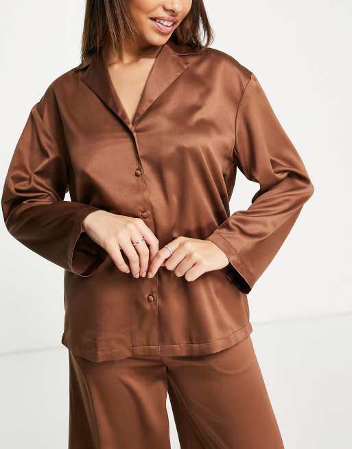 ASOS DESIGN satin bralette, pant and robe pajama set in chocolate