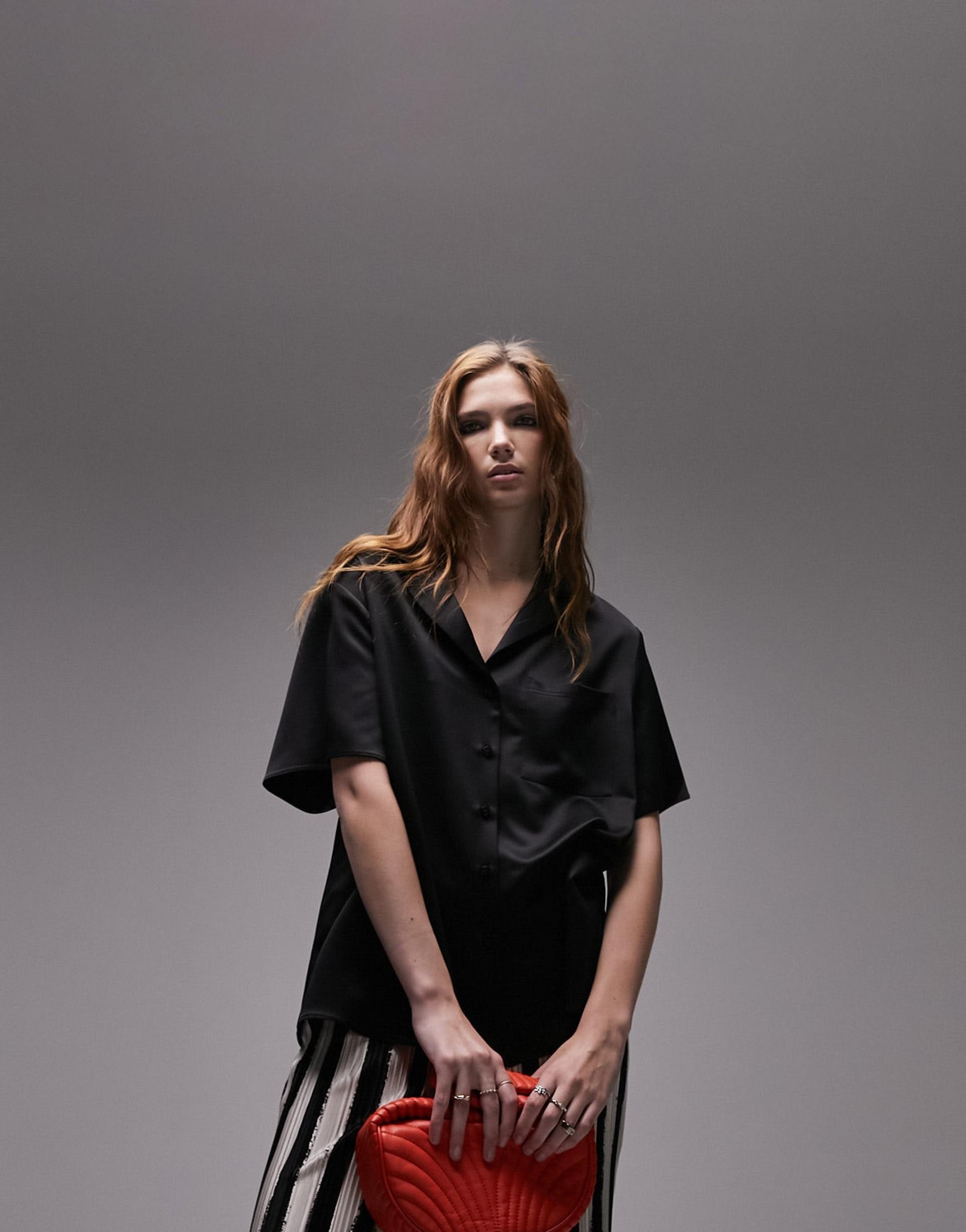 topshop satin short sleeve shirt in black